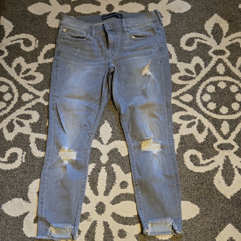 Express Gray Ankle Cropped Jeans with Distressed Details